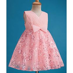 Babyhug Mesh Woven Sleeveless Fit & Flare Party Dress with Bow Applique & Sequin Detailing - Peach