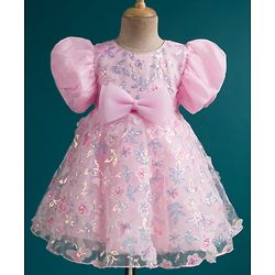 Babyhug Woven Half Puffed Sleeves Fit & Flare Mesh Party Dress with Heavy Sequins Embroidery & Double Bow  Detailing - Pink
