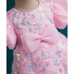 Babyhug Woven Half Puffed Sleeves Fit & Flare Mesh Party Dress with Heavy Sequins Embroidery & Double Bow  Detailing - Pink