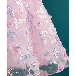 Babyhug Woven Half Puffed Sleeves Fit & Flare Mesh Party Dress with Heavy Sequins Embroidery & Double Bow  Detailing - Pink