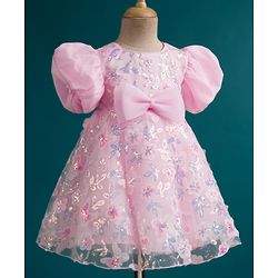 Babyhug Woven Half Puffed Sleeves Fit & Flare Mesh Party Dress with Heavy Sequins Embroidery & Double Bow  Detailing - Pink