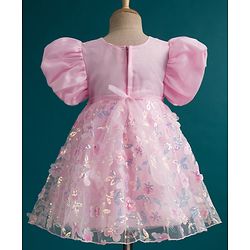 Babyhug Woven Half Puffed Sleeves Fit & Flare Mesh Party Dress with Heavy Sequins Embroidery & Double Bow  Detailing - Pink