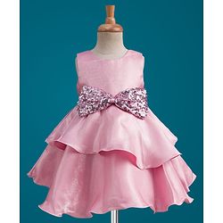 Babyhug Tussar Woven Sleeveless Party Dress With Heavy Sequins Bow Detailing - Pink