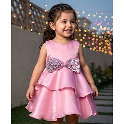 Babyhug Tussar Woven Sleeveless Party Dress With Heavy Sequins Bow Detailing - Pink