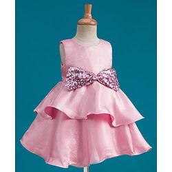 Babyhug Tussar Woven Sleeveless Party Dress With Heavy Sequins Bow Detailing - Pink