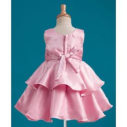 Babyhug Tussar Woven Sleeveless Party Dress With Heavy Sequins Bow Detailing - Pink