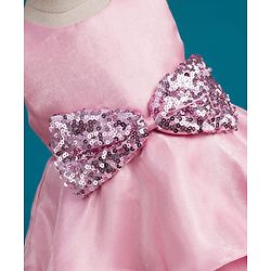 Babyhug Tussar Woven Sleeveless Party Dress With Heavy Sequins Bow Detailing - Pink