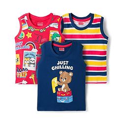 Babyhug 100% Cotton Knit Sleeveless Striped Nautical Theme & Bear Printed Tank T-Shirts Pack of 3 - Multicolour