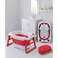Babyhug 2-in-1 Foldable Baby Bath Tub with Bathing Chair & Soft Cushion - Red| Anti-Slip Base| Space-Saving Design| Comfortable & Safe for Newborns to Toddlers| 0-3 Years