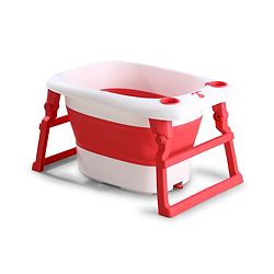Babyhug 2-in-1 Foldable Baby Bath Tub with Bathing Chair & Soft Cushion - Red| Anti-Slip Base| Space-Saving Design| Comfortable & Safe for Newborns to Toddlers| 0-3 Years