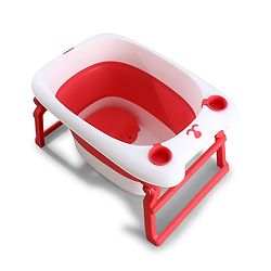 Babyhug 2-in-1 Foldable Baby Bath Tub with Bathing Chair & Soft Cushion - Red| Anti-Slip Base| Space-Saving Design| Comfortable & Safe for Newborns to Toddlers| 0-3 Years