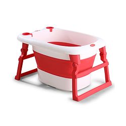 Babyhug 2-in-1 Foldable Baby Bath Tub with Bathing Chair & Soft Cushion - Red| Anti-Slip Base| Space-Saving Design| Comfortable & Safe for Newborns to Toddlers| 0-3 Years