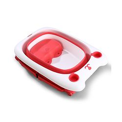 Babyhug 2-in-1 Foldable Baby Bath Tub with Bathing Chair & Soft Cushion - Red| Anti-Slip Base| Space-Saving Design| Comfortable & Safe for Newborns to Toddlers| 0-3 Years