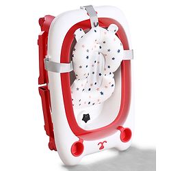 Babyhug 2-in-1 Foldable Baby Bath Tub with Bathing Chair & Soft Cushion - Red| Anti-Slip Base| Space-Saving Design| Comfortable & Safe for Newborns to Toddlers| 0-3 Years