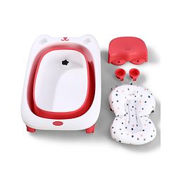 Babyhug 2-in-1 Foldable Baby Bath Tub with Bathing Chair & Soft Cushion - Red| Anti-Slip Base| Space-Saving Design| Comfortable & Safe for Newborns to Toddlers| 0-3 Years