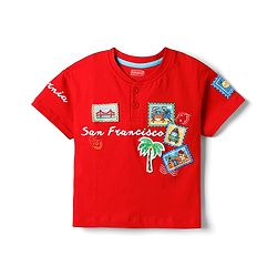 Babyhug 100% Cotton Knit Half Sleeves T-Shirt With Print & Patch Detailing - Red