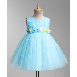 Babyhug Woven Sleeveless Fit & Flare Mesh Party Dress with Corsage  Detailing - Light Blue