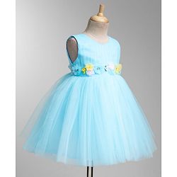 Babyhug Woven Sleeveless Fit & Flare Mesh Party Dress with Corsage  Detailing - Light Blue