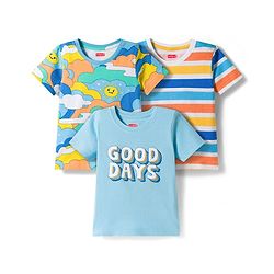 Babyhug Cotton Knit Half Sleeves Striped Text & Sun Printed T-Shirts Pack of 3 - Blue  & White