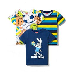 Babyhug Cotton Knit Half Sleeves Striped Ball & Bunny Printed T-Shirts Pack of 3 - Blue White & Yellow
