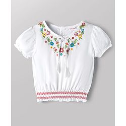 Babyhug 100% Cotton Woven Half Sleeves Top With Floral Embroidery Detailing-Multicolour