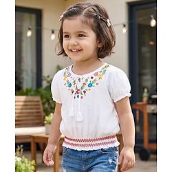 Babyhug 100% Cotton Woven Half Sleeves Top With Floral Embroidery Detailing-Multicolour