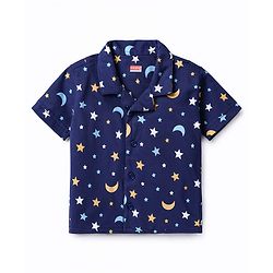Babyhug Cotton Knit Half Sleeves Shirt & Shorts Co-ord Night Suit With Star & Moon Print - Navy Blue