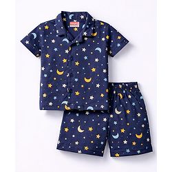 Babyhug Cotton Knit Half Sleeves Shirt & Shorts Co-ord Night Suit With Star & Moon Print - Navy Blue