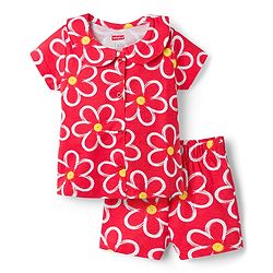 Babyhug Cotton Knit Half Sleeves Top & Shorts Co-Ord Night Suit With Floral Print - Red