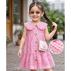 Babyhug Cotton Woven Sleeveless Tiered Peter Pan Collared Checks One Piece Frock  With Sling Bag & Bow Applique - Pink