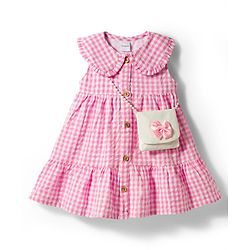 Babyhug Cotton Woven Sleeveless Tiered Peter Pan Collared Checks One Piece Frock  With Sling Bag & Bow Applique - Pink