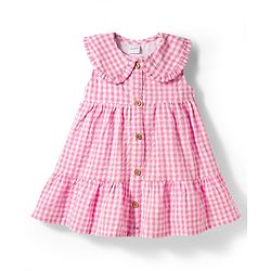 Babyhug Cotton Woven Sleeveless Tiered Peter Pan Collared Checks One Piece Frock  With Sling Bag & Bow Applique - Pink