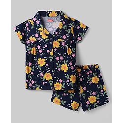 Babyhug Cotton Knit Half Sleeves Co-Ord Top & Shorts Night-Suit With Floral Print - Navy Blue