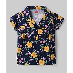 Babyhug Cotton Knit Half Sleeves Co-Ord Top & Shorts Night-Suit With Floral Print - Navy Blue