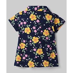 Babyhug Cotton Knit Half Sleeves Co-Ord Top & Shorts Night-Suit With Floral Print - Navy Blue