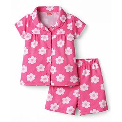 Babyhug Cotton Knit Half Sleeves Co-Ord Top & Shorts Night-Suit With Floral Print - Pink