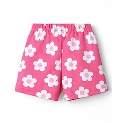 Babyhug Cotton Knit Half Sleeves Co-Ord Top & Shorts Night-Suit With Floral Print - Pink