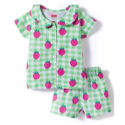 Babyhug Cotton Knit Half Sleeves Top & Shorts Co-ord Night Suit With Strawberry Print - Green