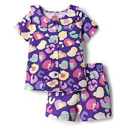 Babyhug Cotton Knit Half Sleeves Printed Top & Shorts Co-Ord Night Suit - Purple
