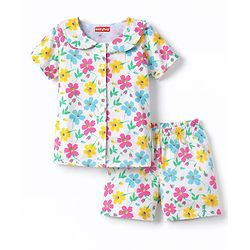 Babyhug Cotton Knit Half Sleeves Co-Ord Peter Pan Collared Top & Shorts Night-Suit With Floral Print - White