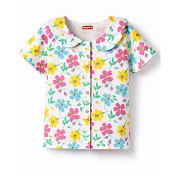 Babyhug Cotton Knit Half Sleeves Co-Ord Peter Pan Collared Top & Shorts Night-Suit With Floral Print - White