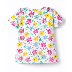 Babyhug Cotton Knit Half Sleeves Co-Ord Peter Pan Collared Top & Shorts Night-Suit With Floral Print - White