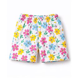 Babyhug Cotton Knit Half Sleeves Co-Ord Peter Pan Collared Top & Shorts Night-Suit With Floral Print - White