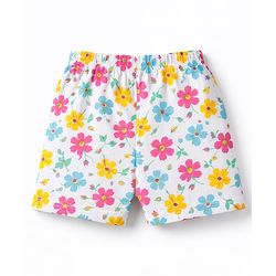 Babyhug Cotton Knit Half Sleeves Co-Ord Peter Pan Collared Top & Shorts Night-Suit With Floral Print - White