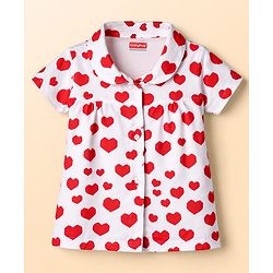 Babyhug Cotton Knit Half Sleeves Co-Ord Top & Shorts Night-Suit With Heart Print - White & Red