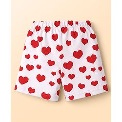 Babyhug Cotton Knit Half Sleeves Co-Ord Top & Shorts Night-Suit With Heart Print - White & Red