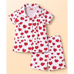 Babyhug Cotton Knit Half Sleeves Co-Ord Top & Shorts Night-Suit With Heart Print - White & Red