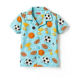 Babyhug Cotton Knit Half Sleeves Shirt & Shorts Co-ord Night Suit With Sports Print - Light Blue