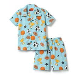 Babyhug Cotton Knit Half Sleeves Shirt & Shorts Co-ord Night Suit With Sports Print - Light Blue