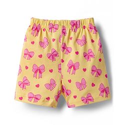 Babyhug Cotton Knit Half Sleeves Top & Shorts Co-ord Night Suit With Heart & Bow Print - Yellow